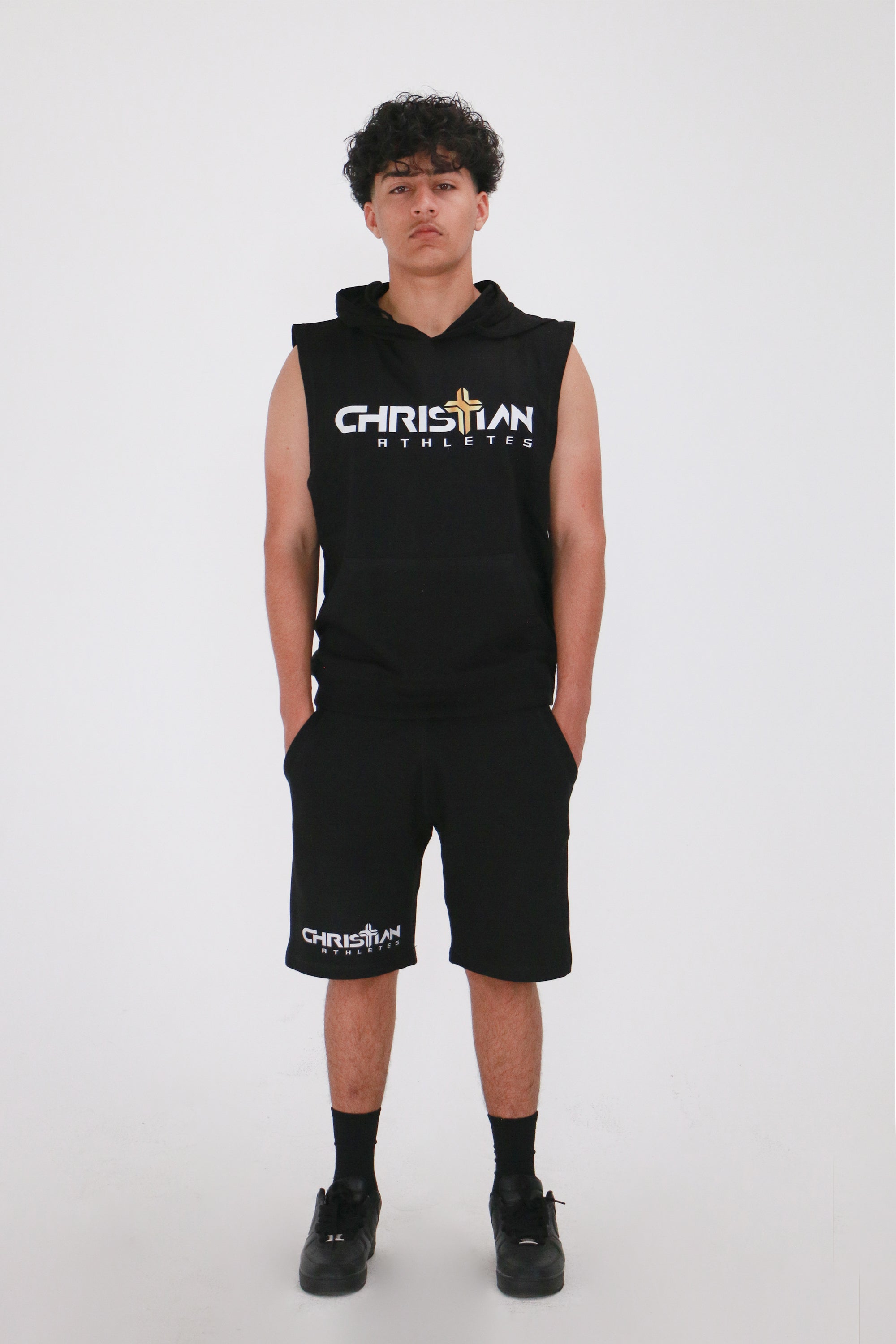 Image of Men's Christian Athletes Logo Sleeveless Hoodie Black